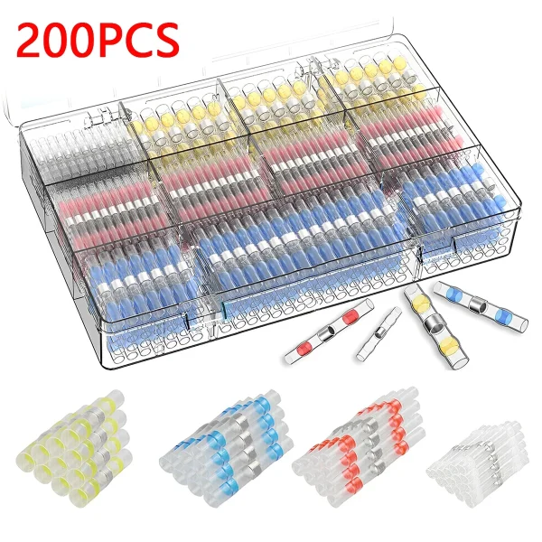 TMWEFUSC 200Pcs Heat Shrink Solder Seal Wire Connectors Kit,Waterproof Butt Connector Heat Shrink Electrical Terminals, Insulated Solderless Wiring Splice Connectors for Marine Automotive Boat Truck